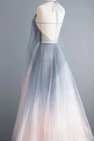 Kateprom Simple Deep V Neck Ombre Tulle Halter Sleeveless Prom Dresses Backless Formal Dresses KPP1465