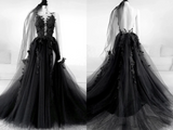 Kateprom Elegant Backless Black Tulle Wedding Dresses With Appliques Modest Prom Dress KPW0690