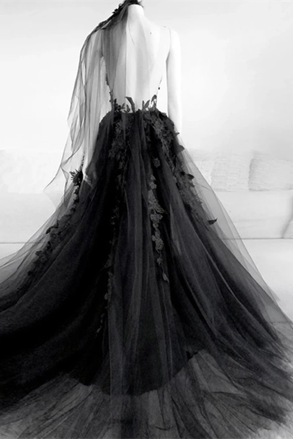 Kateprom Elegant Backless Black Tulle Wedding Dresses With Appliques M kateprom Kateprom Elegant Backless Black Tulle Wedding Dresses With Appliques M kateprom