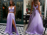 Kateprom Fashion Satin Straps A Line Prom Dresses Two Pieces Gowns With Slit KPP1469