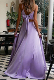 Kateprom Fashion Satin Straps A Line Prom Dresses Two Pieces Gowns With Slit KPP1469