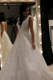 Kateprom Sparkly V Neck Backless Wedding Gown, Sequins Prom Dress On Sale KPW0694
