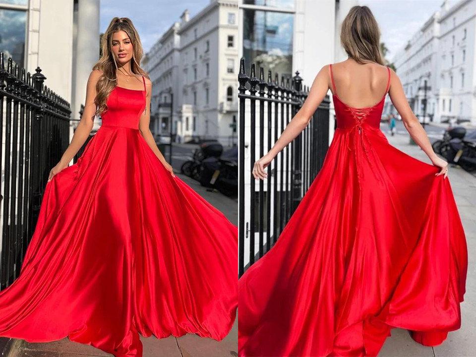 fitted lace wedding dress Kateprom Spaghetti Straps Red A line Long Prom Dresses For Teens KPP14 –  kateprom