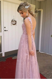Kateprom A Line V Neck Open Back Pink Lace Long Prom Evening Dress KPP1476