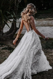 Kateprom Deep V Neck A Line Lace Wedding Dresses With Slit, Spaghetti Straps Long Bridal Gowns KPW0697