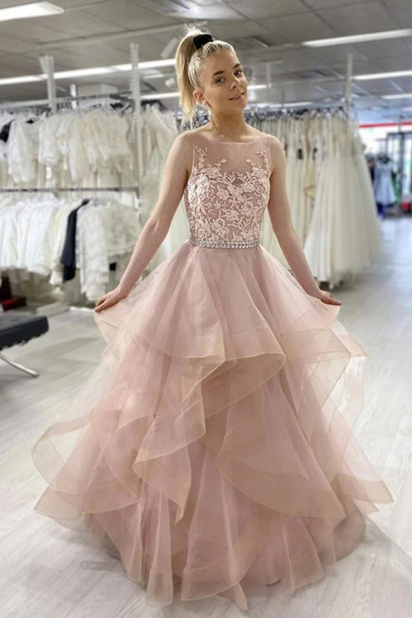 Kateprom Pink Sleeveless A Line Tulle Lace Sweet 16 Dress Prom Dress KPP1479