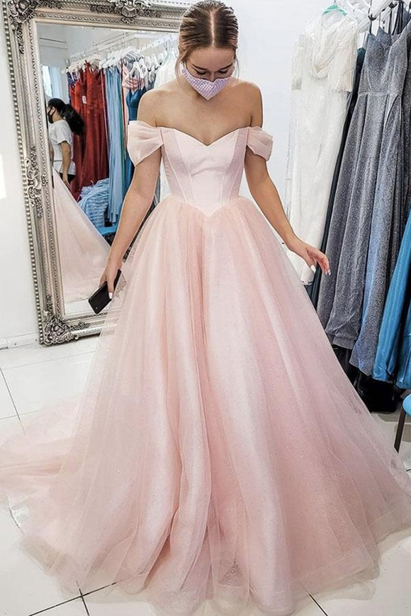 Kateprom Light Pink Off The Shoulder Long Tulle Prom Evening Dress, A Line Simple Party Dress KPP1480