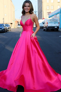 Kateprom Cute A line Deep V neck Lace up Pink Satin Long Prom Dresses KPP1482