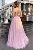 Kateprom Sparkly Tulle A line Halter Appliqued Long Prom Dresses, Evening Gowns KPP1486