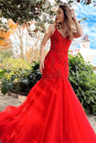 Kateprom Chic Mermaid Red Spaghetti Straps V Neck Applique Prom Dress Tulle Evening Dress KPP1488