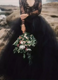 Kateprom Chic V neck Black Wedding Dress Lace Open Back Long Sleeve Wedding Dresses Bridal Gowns KPW0700