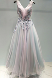 Kateprom Beautiful Prom Dress A line V neck Applique Ombre Tulle Long Prom Dresses Evening Dress KPP1491