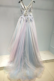 Kateprom Beautiful Prom Dress A line V neck Applique Ombre Tulle Long Prom Dresses Evening Dress KPP1491