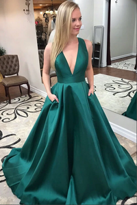 Kateprom Dark Green Satin A Line V Neck Prom Dresses With Pockets, Evening Gown KPP1493