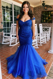 Kateprom Chic Mermaid Off The Shoulder Royal Blue Prom Dress Tulle Evening Dresses KPP1495