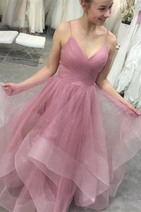 Kateprom Glitter Straps Ruffled Pink Long Prom Dresses Backless Formal Gown KPP1497