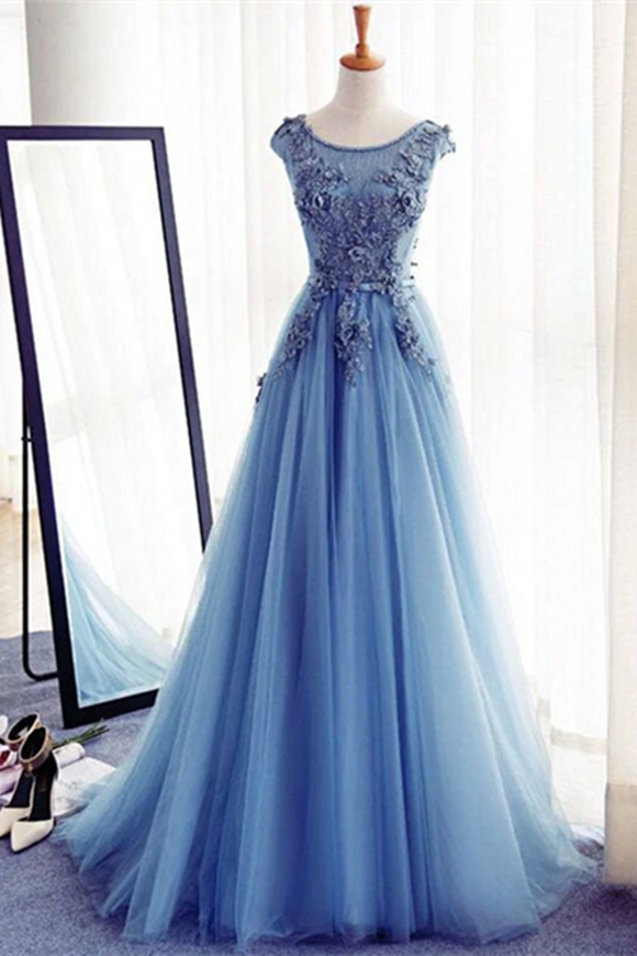 Kateprom Chic A line Scoop Beaded Long Prom Dress Tulle Applique Evening Party Dress KPP1502