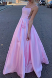 Kateprom Pink Satin A line Spaghetti Straps Prom Dresses, Party Dress With Pockets KPP1503