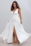 Kateprom Deep V Neck Side Slit Wedding Dresses,Simple V Back Beach Wedding Gown KPW0704