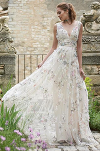 Kateprom A Line V neck 3D Floral Lace Long Prom Dresses Evening Dresses KPP1504