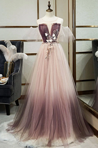 Kateprom Unique A Line Tulle Applique Long Prom Dress Formal Evening Dress KPP1505