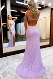 Kateprom Chic A Line V Neck Sparkly Long Prom Dresses Sleeveless Evening Dress With Split KPP1506