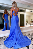 Kateprom Chic A line Simple Double Spaghetti Straps Blue Prom Dresses Split Long Evening Dresses KPP1507