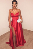 Kateprom Charming A Line Sweetheart Spaghetti Straps Satin Red Long Prom Dresses with Side Split, Red Formal Dresses, Evening Dresses KPP1508