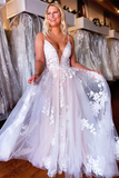 Kateprom A line Spaghetti Straps Applique Wedding Dress Backless Tulle Bridal Dress KPW0706