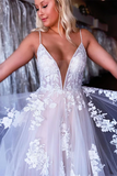 Kateprom A line Spaghetti Straps Applique Wedding Dress Backless Tulle Bridal Dress KPW0706