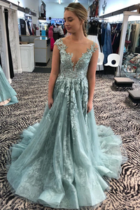 Kateprom Illusion Neckine A Line Cap Sleeves Prom Dresses Lace Appliques Formal Evening Gowns KPP1511