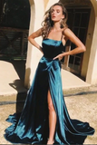 Kateprom Simple Dark Green Satin A line Backless Long Prom Dresses with High Slit KPP1513