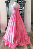 Kateprom Shiny Hot Pink Sequins V Neck Backless Long Prom Dress KPP1514