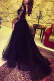 Kateprom Black Tulle Lace Long Sleeve Prom Dress With Split KPP1515