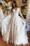 Kateprom A Line Spaghetti Straps Applique Wedding Dress Backless Tulle Bridal Dress KPW0708