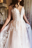 Kateprom A Line Spaghetti Straps Applique Wedding Dress Backless Tulle Bridal Dress KPW0708