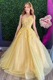 Kateprom Chic A Line One Shoulder Yellow Tulle Sleeveless Prom Dress Applique Long Evening Dress KPP1519