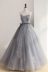 Kateprom Chic A line Strapless Gray Tulle Long Prom Dress Applique Evening Formal Dress KPP1520