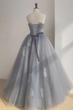 Kateprom Chic A line Strapless Gray Tulle Long Prom Dress Applique Evening Formal Dress KPP1520