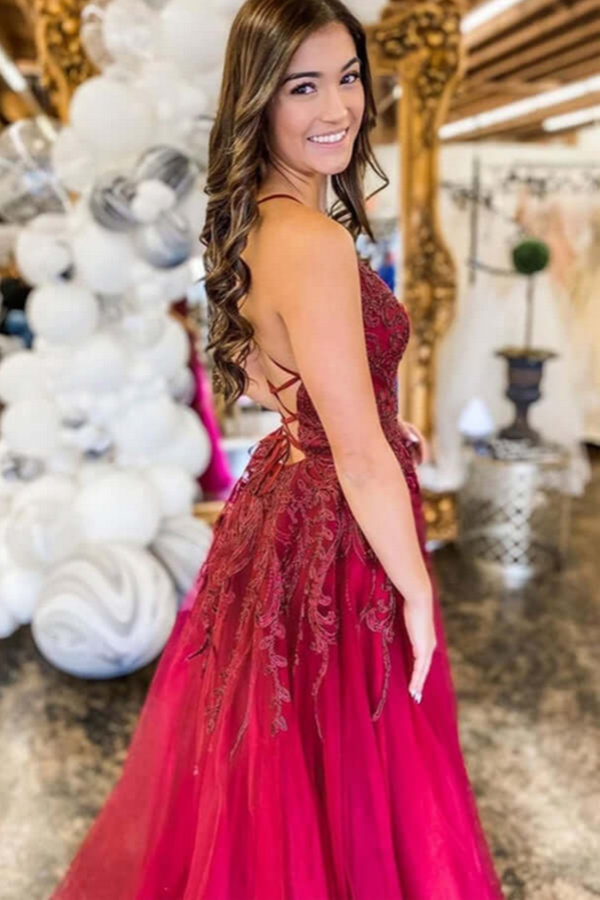 Kateprom Burgundy Tulle A line Lace Up Back Thigh Slit Prom Dresses, E –  kateprom