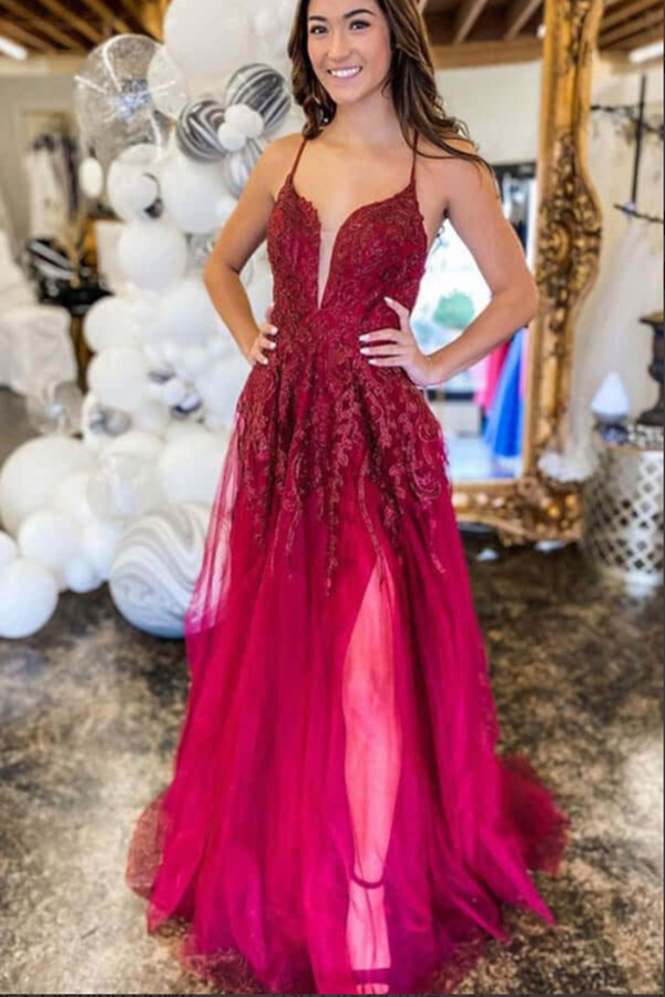 Kateprom Burgundy Tulle A line Lace Up Back Thigh Slit Prom Dresses, E –  kateprom