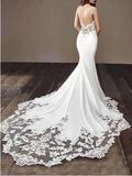 Kateprom 2021 Cheap Mermaid Lace Satin Ivory Spaghetti Straps V Neck Wedding Dresses KPW0597
