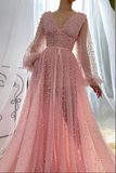 Kateprom Dusty Rose A line V neck Long Sleeves Beaded Prom Dresses, Evening Dress KPP1523