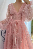 Kateprom Dusty Rose A line V neck Long Sleeves Beaded Prom Dresses, Evening Dress KPP1523