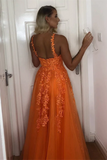 Kateprom A Line V Neck Backless Lace Appliques Orange Prom Dresses, Formal Dresses KPP1526