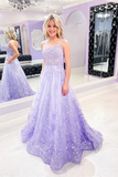 Kateprom A line Spaghetti Straps Lace Tulle Purple Long Prom Dress Applique Evening Dress KPP1532