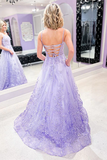 Kateprom A line Spaghetti Straps Lace Tulle Purple Long Prom Dress Applique Evening Dress KPP1532
