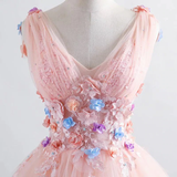 Kateprom Pink Princess Blush Ball Gown 3D Floral Applique V Neck Boho Prom Quinceanera Dress KPP1533