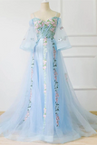 Kateprom Chic A line Off the shoulder Light Blue Prom Dress With Floral Prom Dresses Long Evening Dress KPP1534