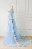 Kateprom Chic A line Off the shoulder Light Blue Prom Dress With Floral Prom Dresses Long Evening Dress KPP1534